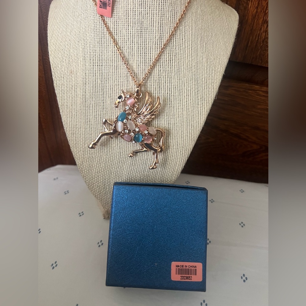 Shop LC Pegasus Rose Gold Tone Rhinestone Necklace, new with tags & box